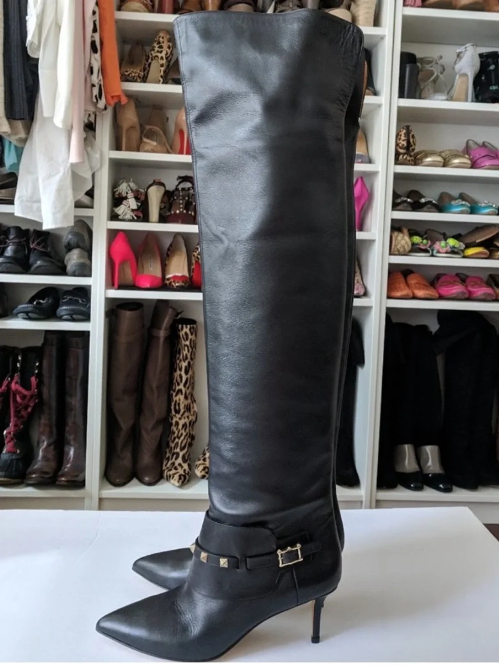 Valentino Garavani Black Leather Over The Knee OTK Rockstud Boots